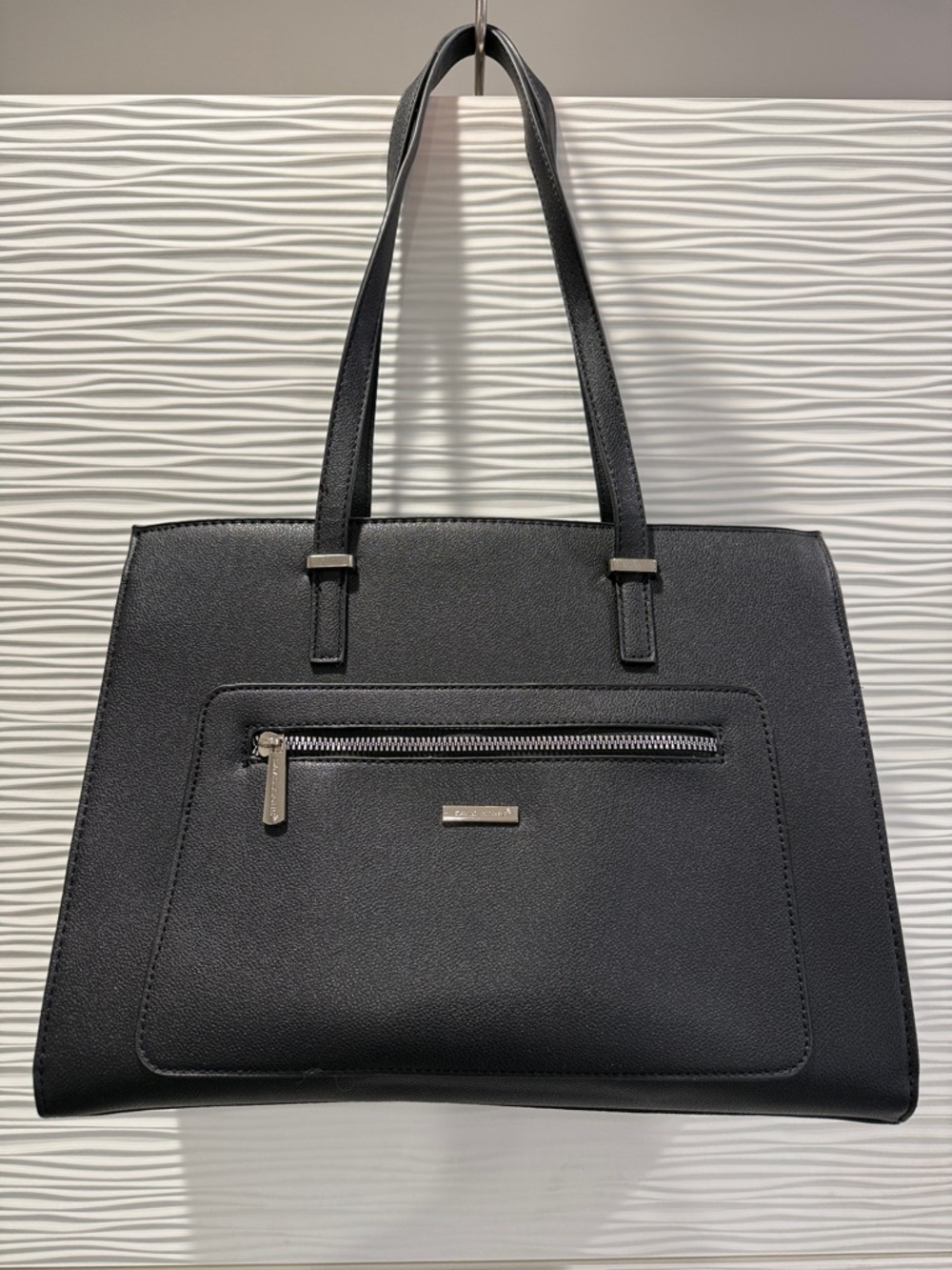 Structured Black Tote Bag with Front Zip Pocket